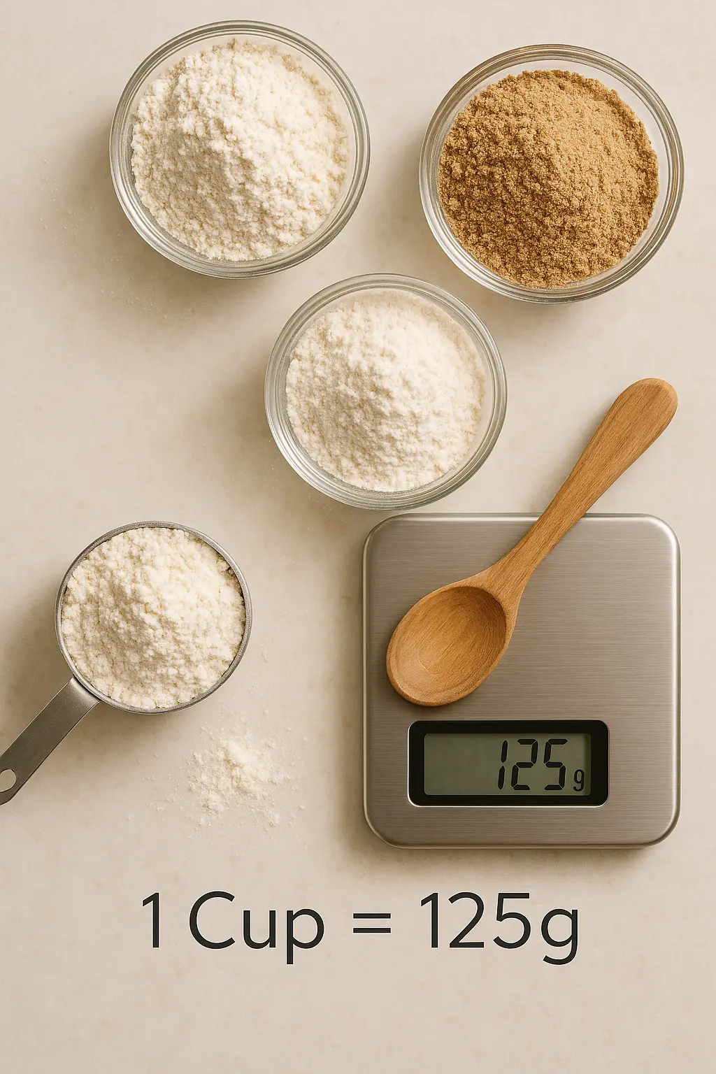 Different types of flour with measuring cups and kitchen scale showing cup to gram conversions